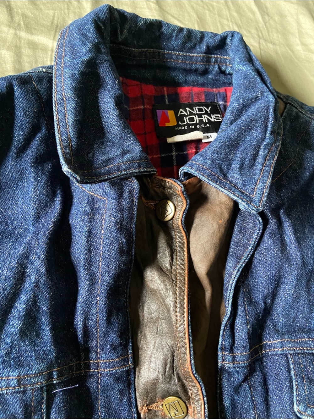 Vintage Andy Johns Denim chore jacket with Brown Leather Trim